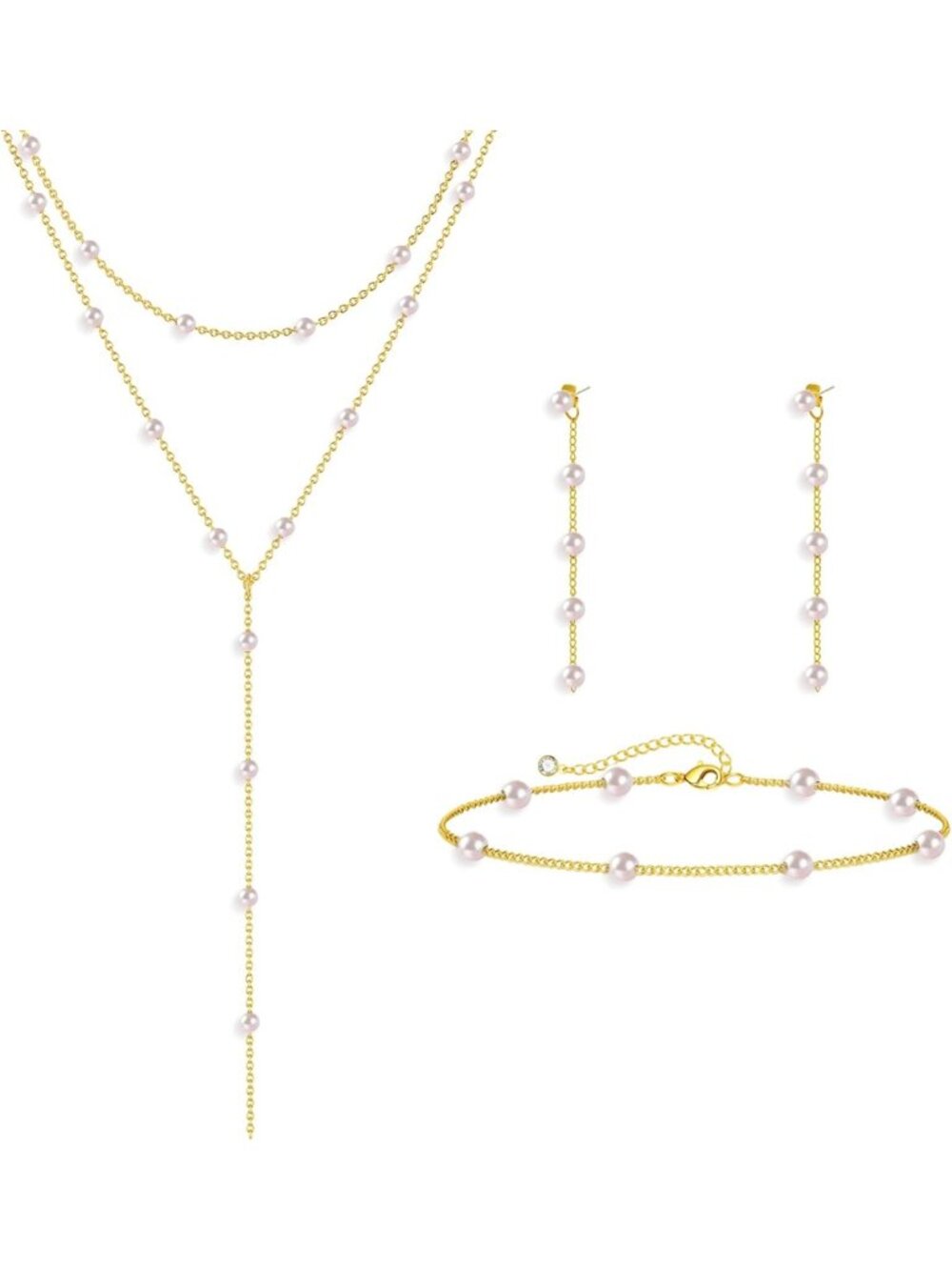 Dainty Gold Pearl Jewelry Set for Women - Choker, Earrings & Bracelet for